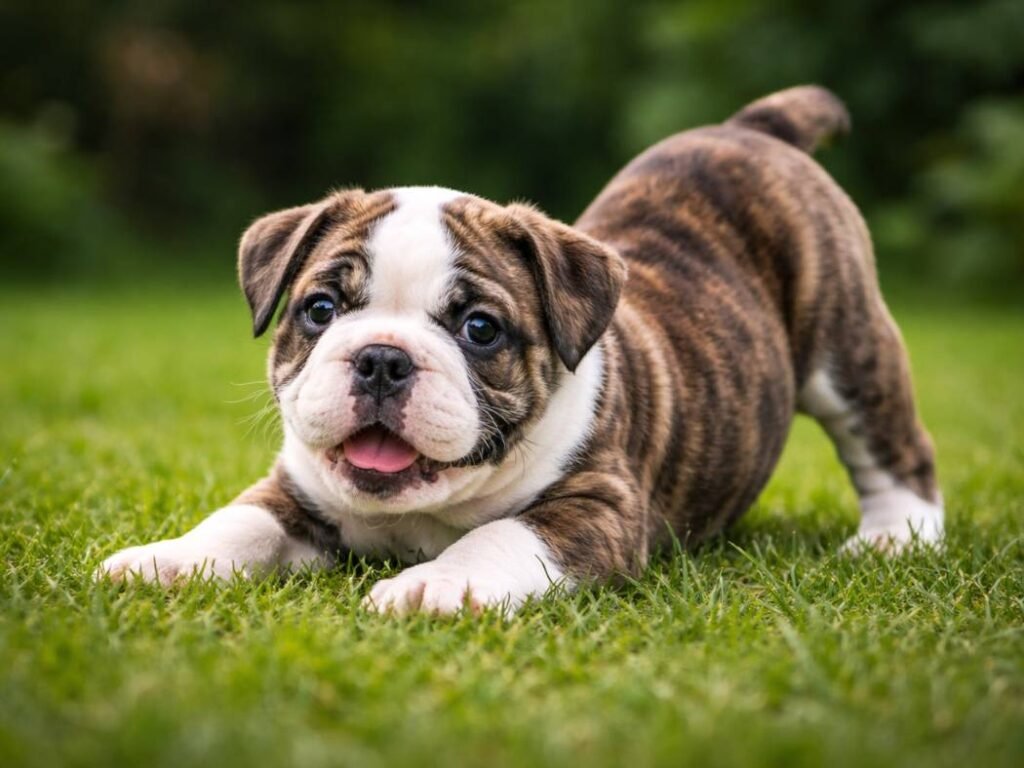 Male English Bulldog puppy crouching playfully on green grass in a backyard