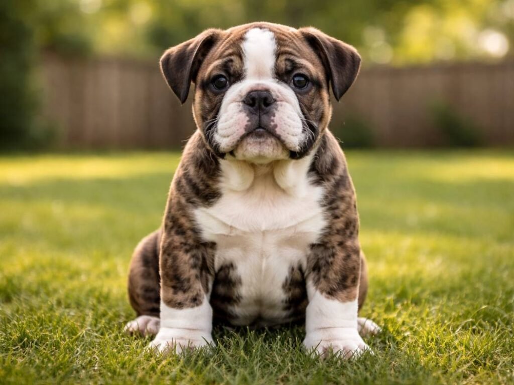 Male English Bulldog puppy sitting upright in a backyard with a confident and happy expression
