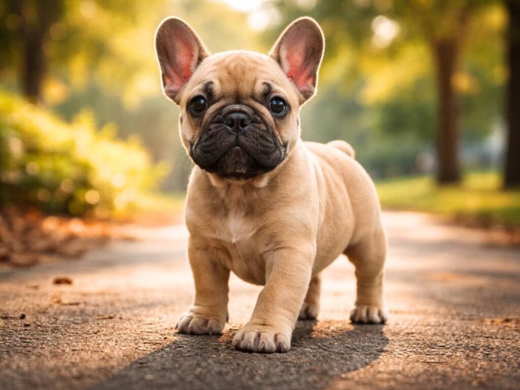 Male French Bulldog puppy standing proudly on a park pathway in soft morning light.
