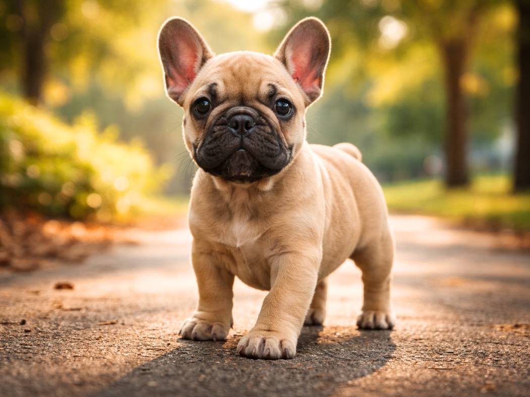 Male French Bulldog puppy standing proudly on a park pathway in soft morning light.