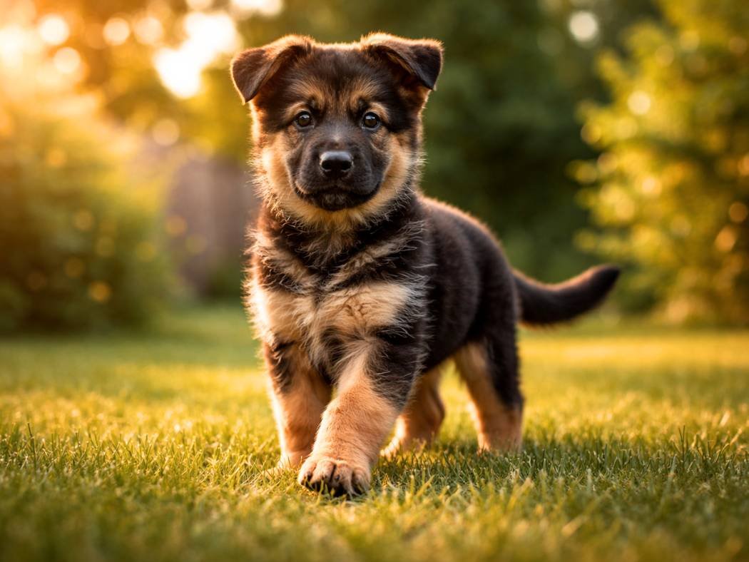 Male German Shepherd puppy standing proudly on a sunny backyard lawn during golden hour.
