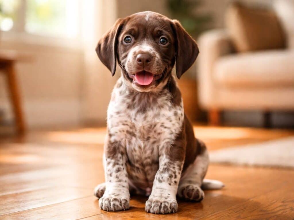 Male German Shorthaired Pointer puppy sitting upright indoors on a sunlit wooden floor, happy and alert