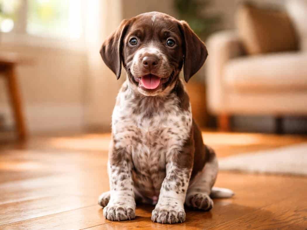Male German Shorthaired Pointer puppy sitting upright indoors on a sunlit wooden floor, happy and alert