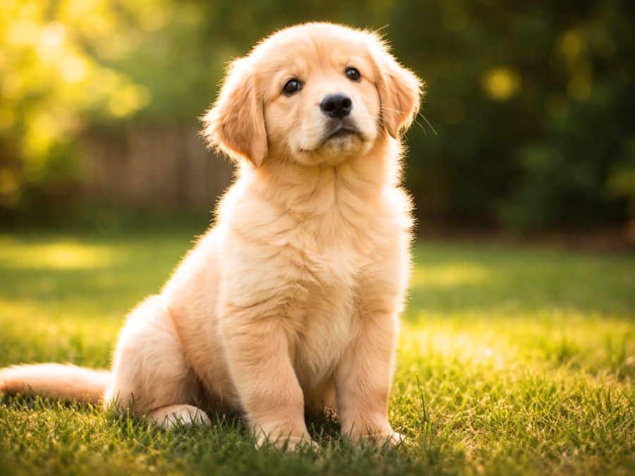 Golden Retriever puppy sitting in a sunlit backyard with a curious and gentle expression