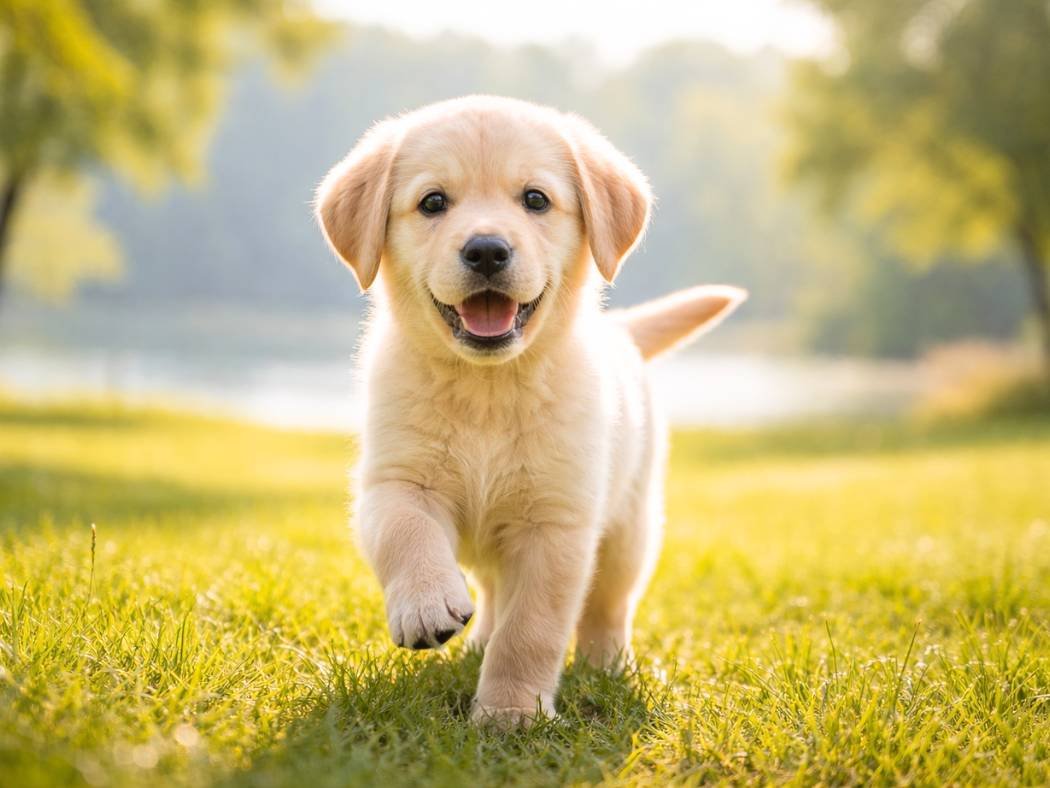 Male Labrador Retriever puppy standing proudly in a sunny park meadow near a lake.