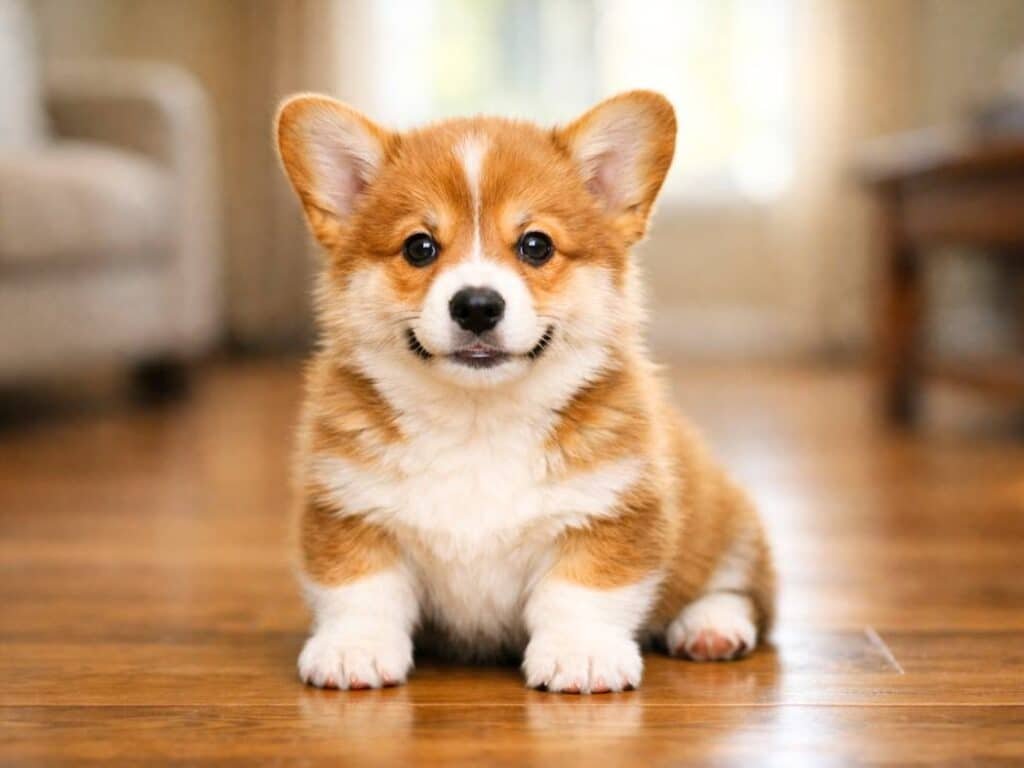 Male Pembroke Welsh Corgi puppy sitting upright in a sunlit living room, alert and happy