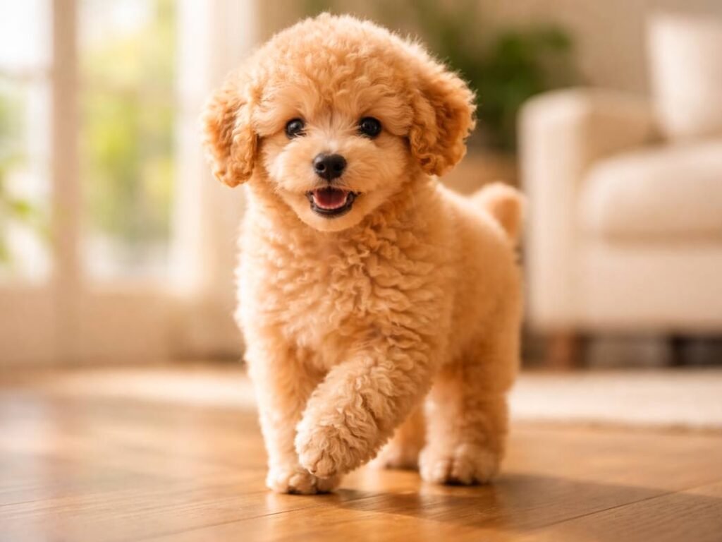 male poodle puppy standing on a wooden floor indoors in soft morning light.