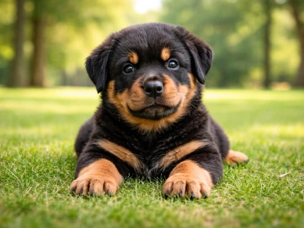 Male Rottweiler puppy lying calmly on grass with bright eyes and relaxed posture