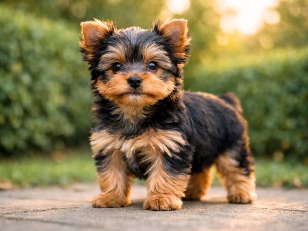 Male Yorkshire Terrier puppy standing confidently in a garden, alert and happy