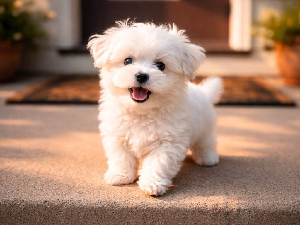 Maltese puppy standing on a front porch step during golden hour, looking excited.