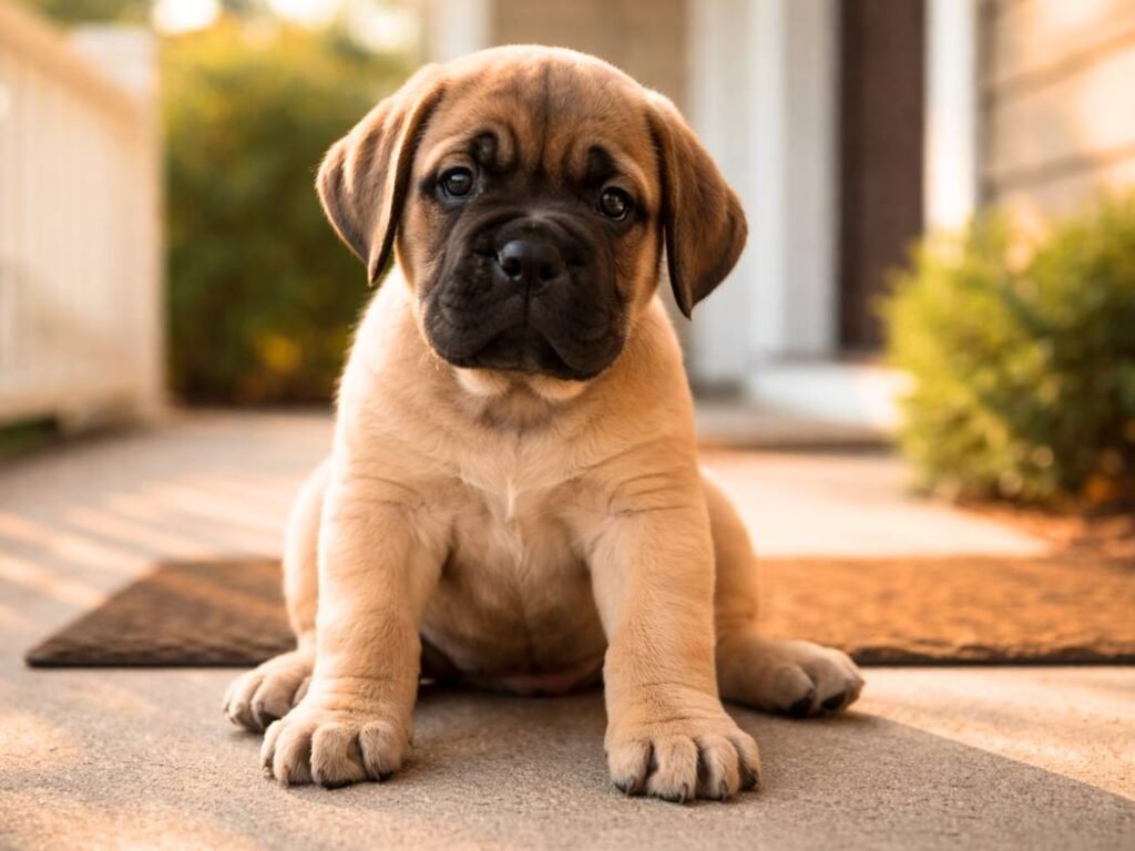 Mastiff puppy sitting on a front porch in warm morning light