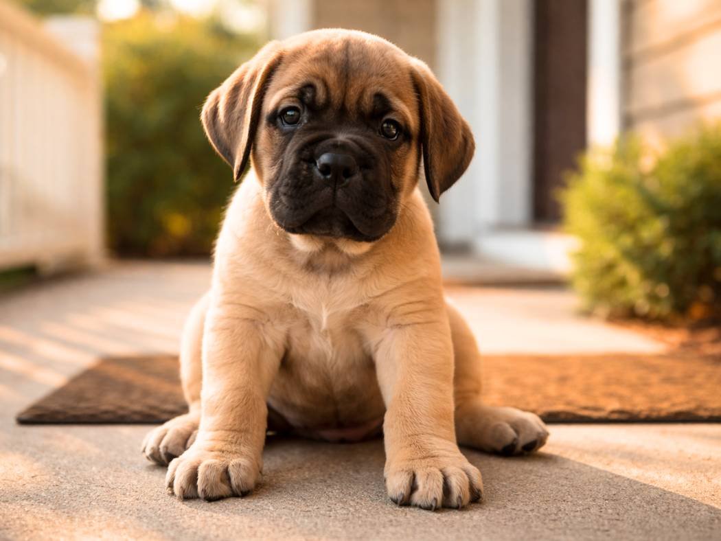 Mastiff puppy sitting on a front porch in warm morning light