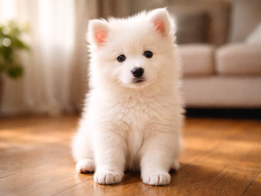 American Eskimo Dog puppy sitting in a sunlit living room, looking up attentively.