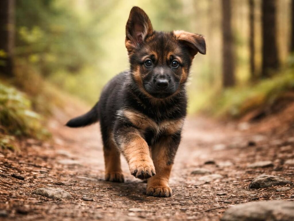 German Shepherd puppy standing mid-step on a forest trail with an alert expression