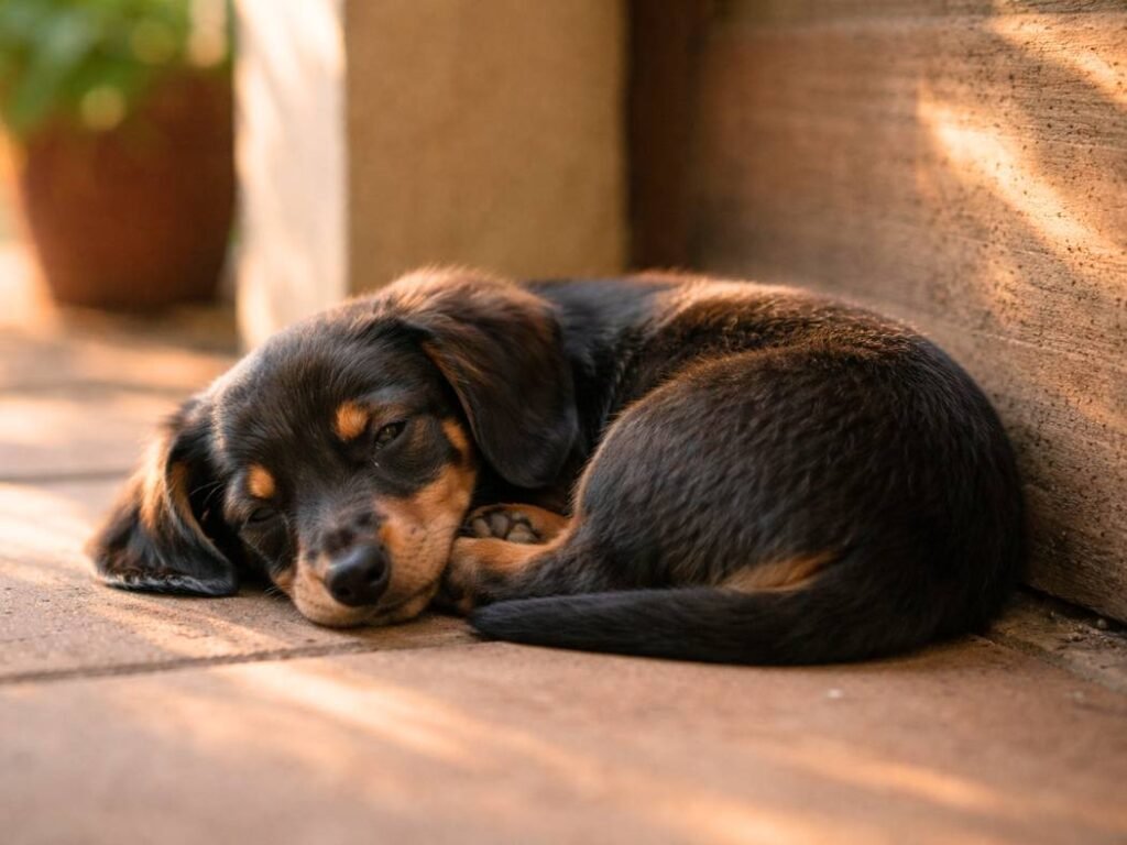 Sleepy mini Dachshund puppy curled up on a quiet porch in soft evening light