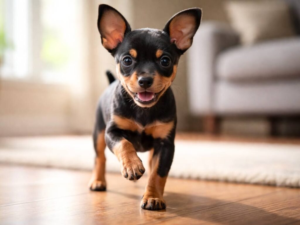 
Miniature Pinscher puppy trotting across a living room floor near a sunny window