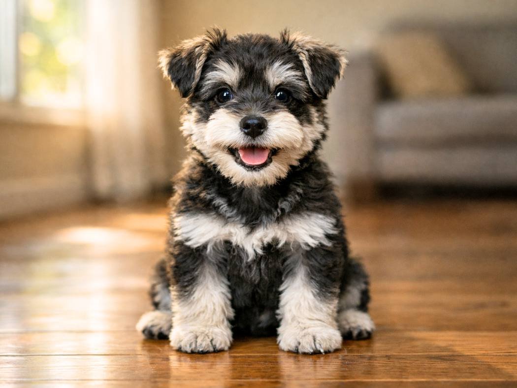 Miniature Schnauzer puppy sitting upright indoors with alert eyes and a happy expression