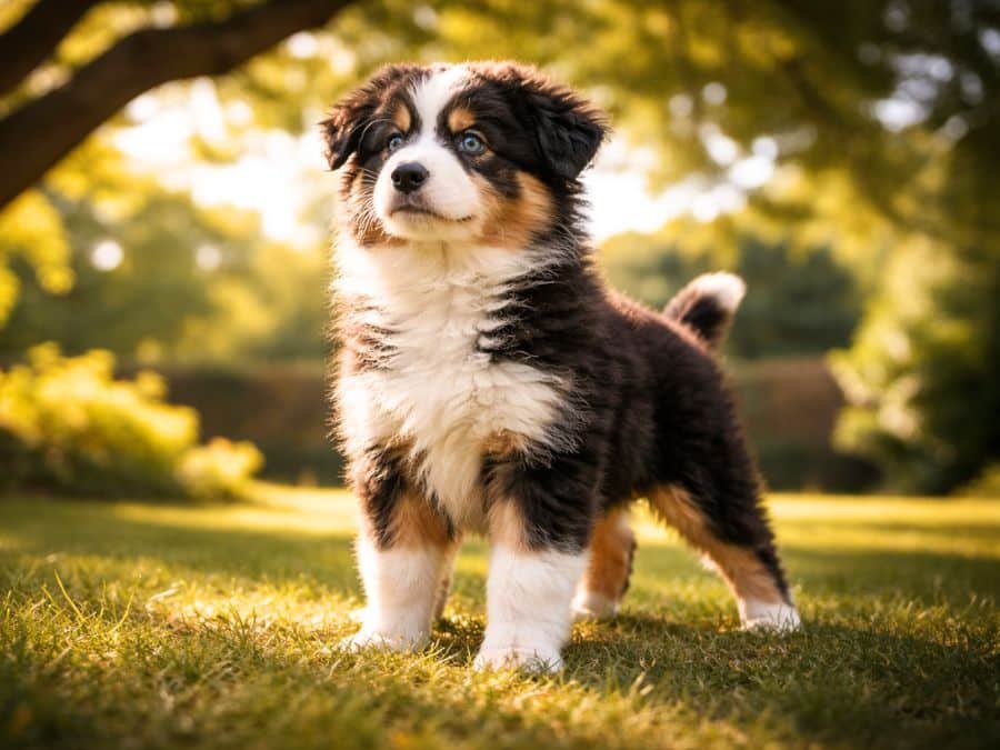 Australian Shepherd puppy standing proudly in a backyard under a tree