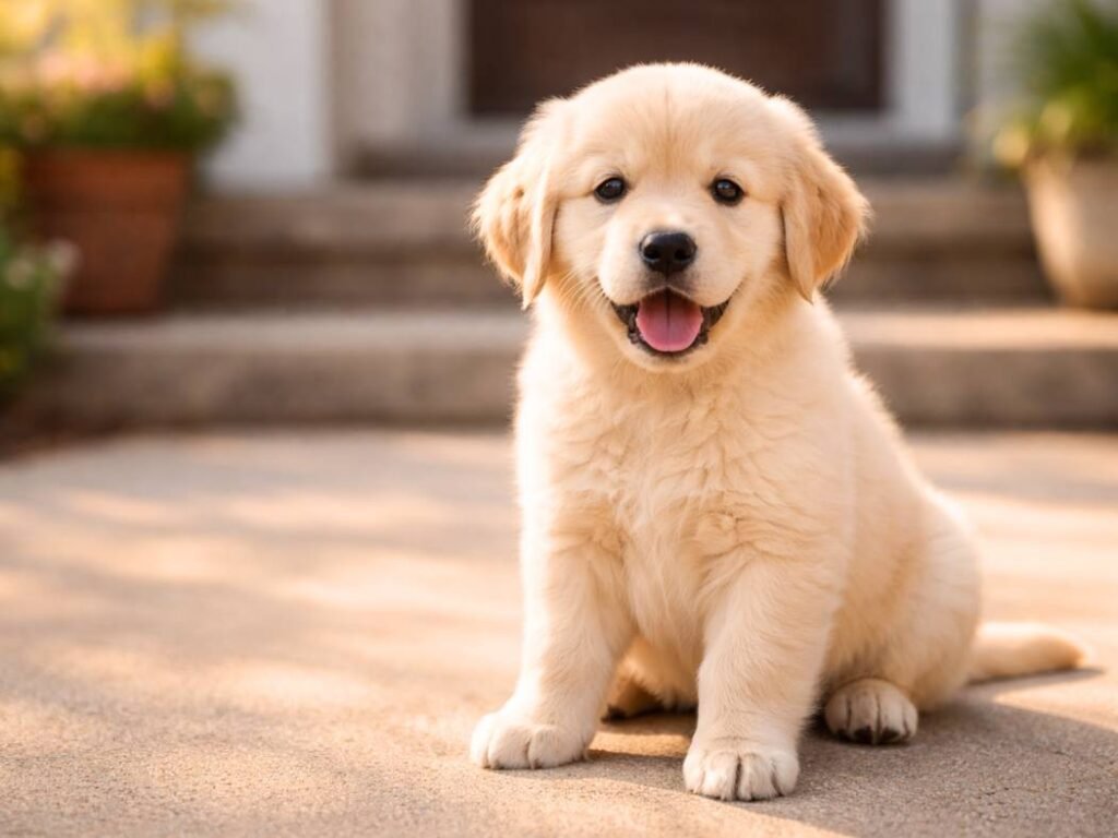 Golden Retriever puppy sitting on a porch, looking playful and happy