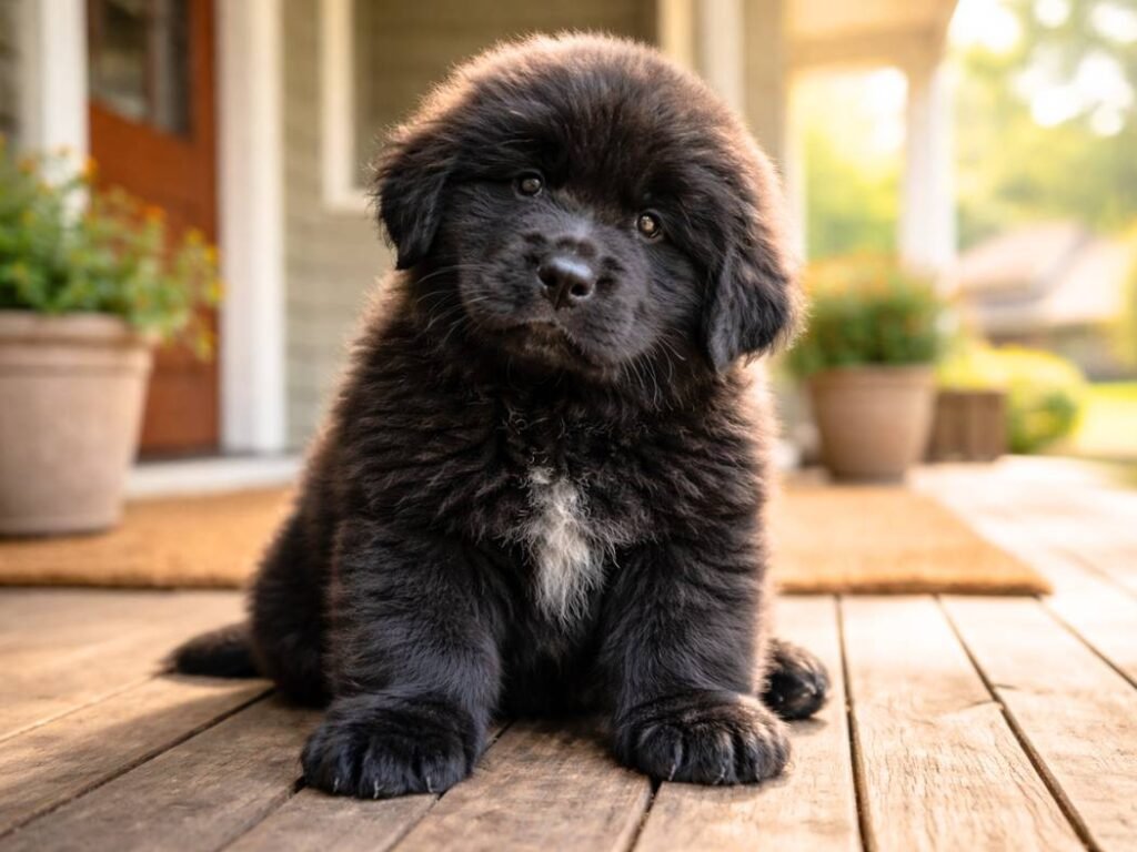 Newfoundland puppy sitting on a sunny porch