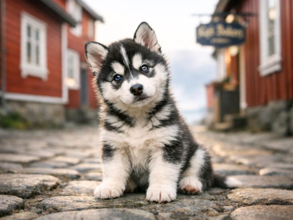 Siberian Husky puppy sitting on a Nordic cobblestone street with red wooden houses in the background