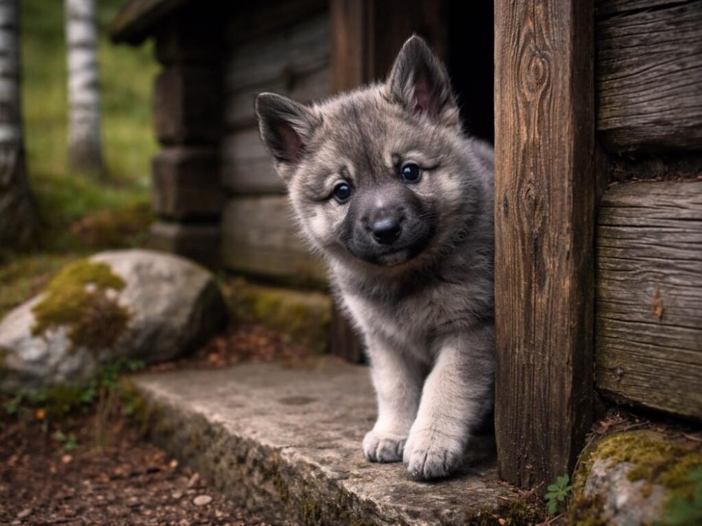Norwegian Elkhound puppy peeking from a rustic wooden cabin doorway in a Nordic setting
