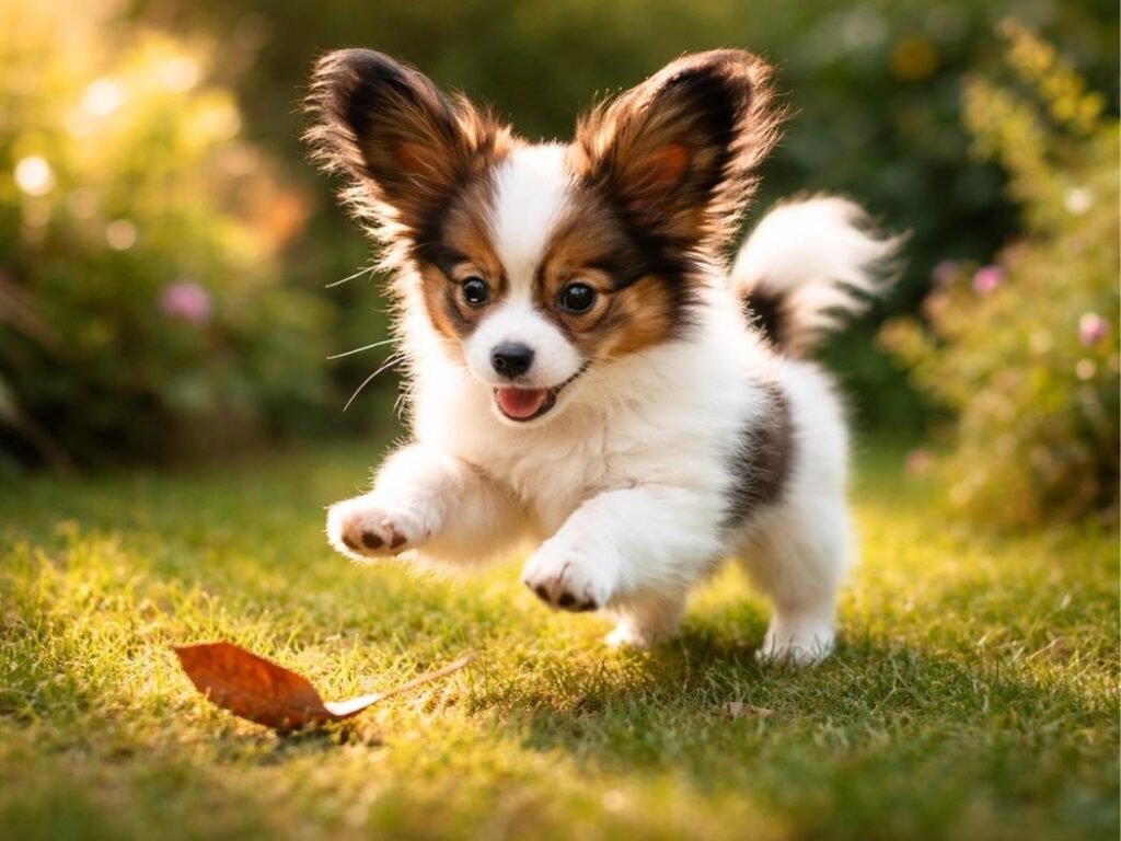 Papillon puppy pouncing on a leaf in a backyard garden