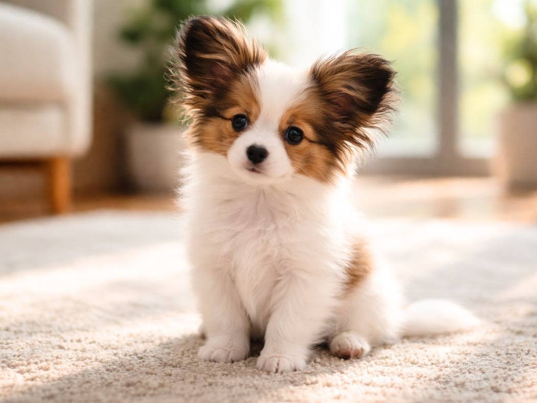 Papillon puppy sitting on a living room rug in soft window light, looking curious.