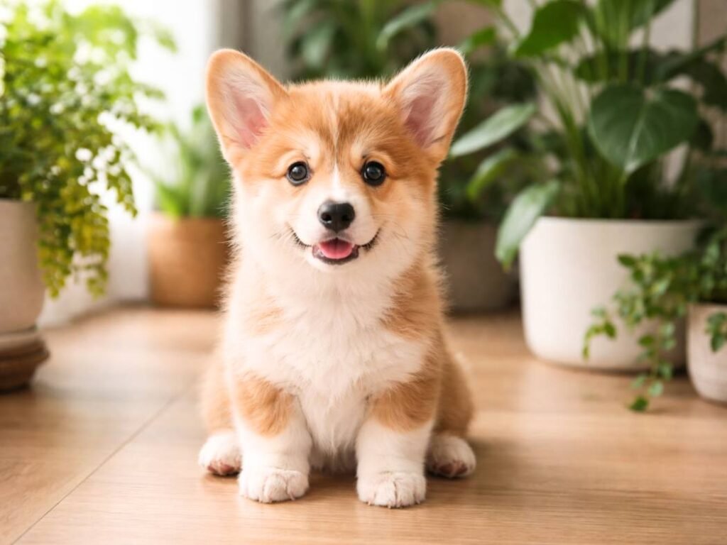 Happy Pembroke Welsh Corgi puppy sitting indoors in natural light, alert and friendly
