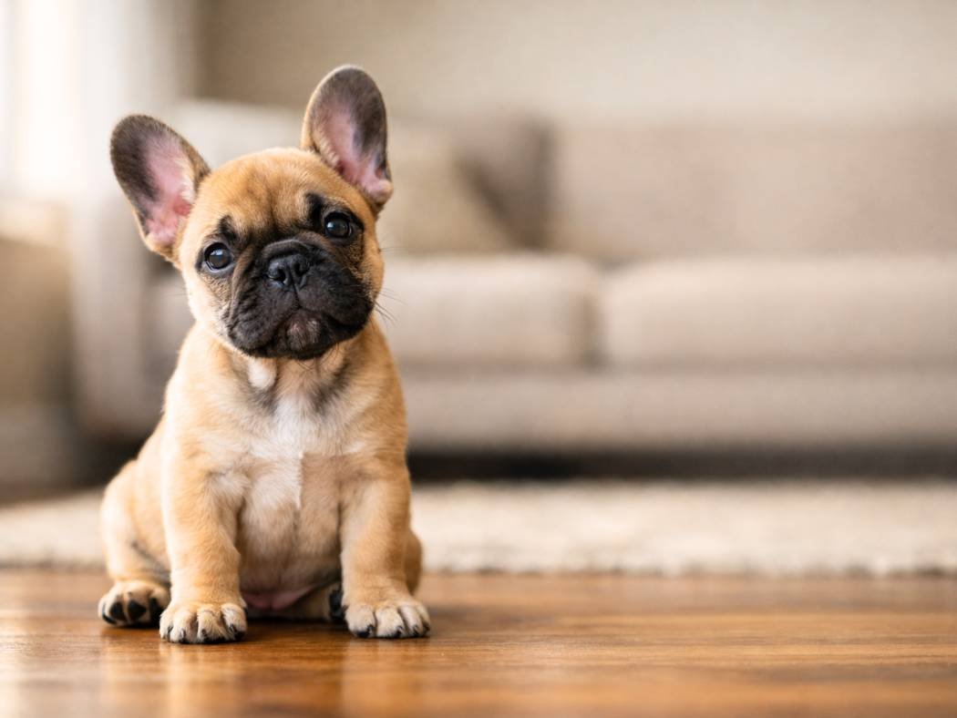 French Bulldog puppy sitting on a living room floor, looking curious
