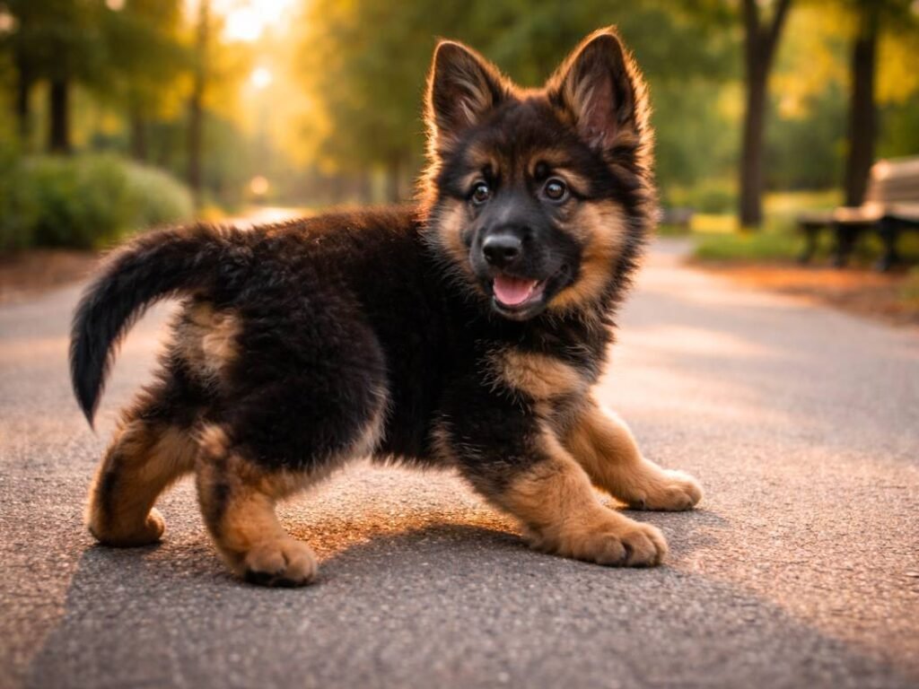 German Shepherd puppy in a playful pounce stance on a park pathway during golden hour