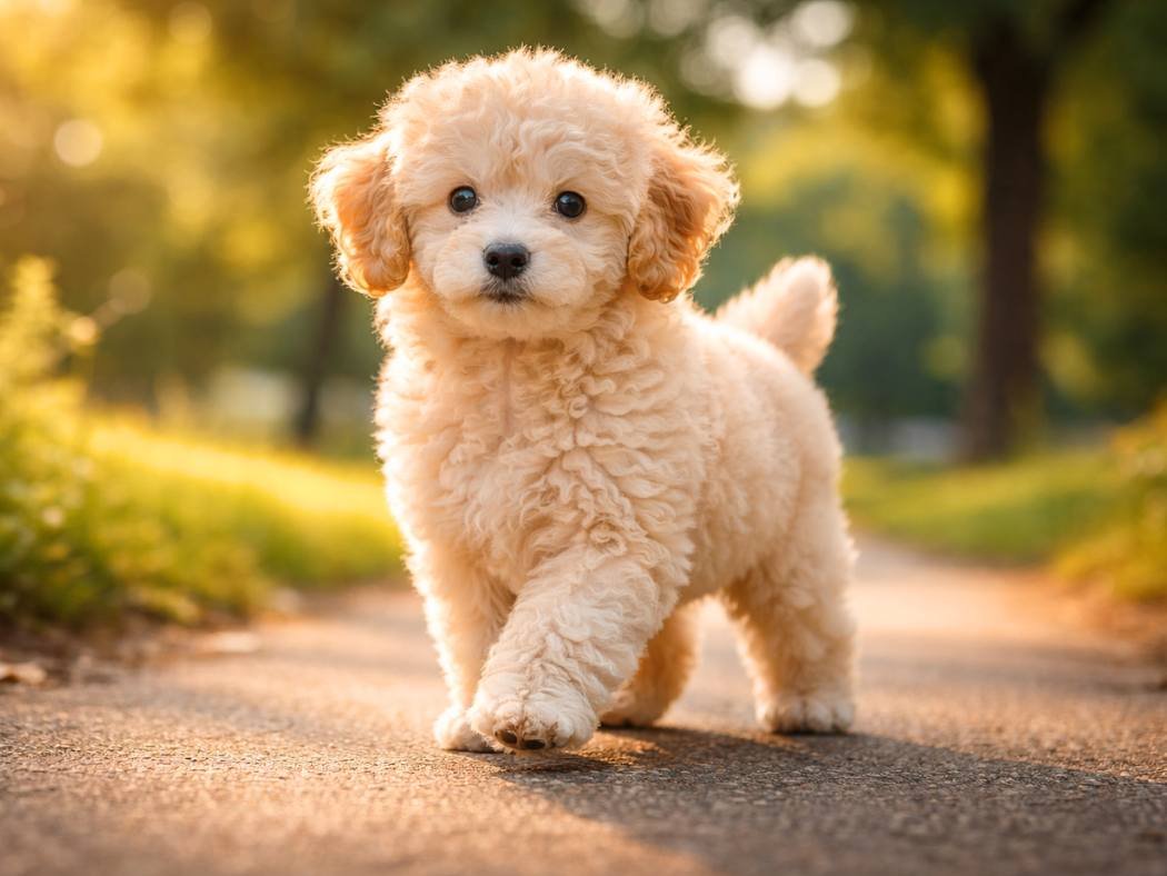 Cream apricot poodle puppy standing on a park pathway in warm golden-hour light.