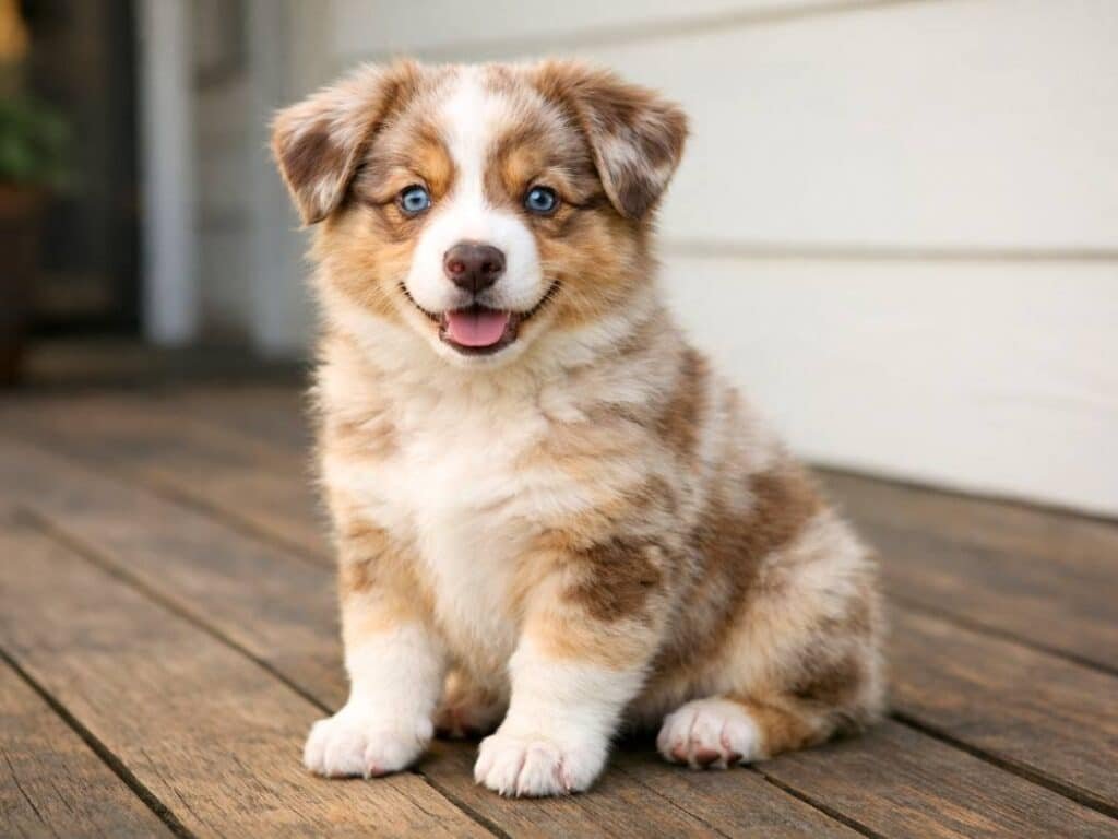 Happy female Australian Shepherd puppy sitting on a front porch in soft daylight