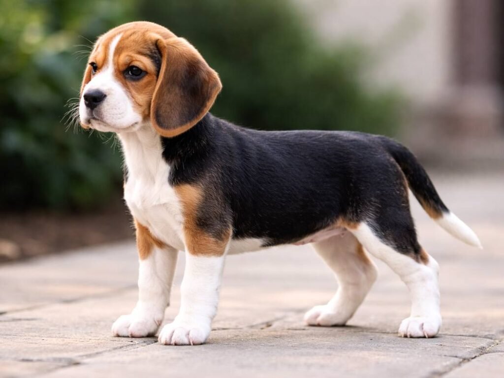 Female Beagle puppy standing confidently outdoors on a stone path, alert and healthy