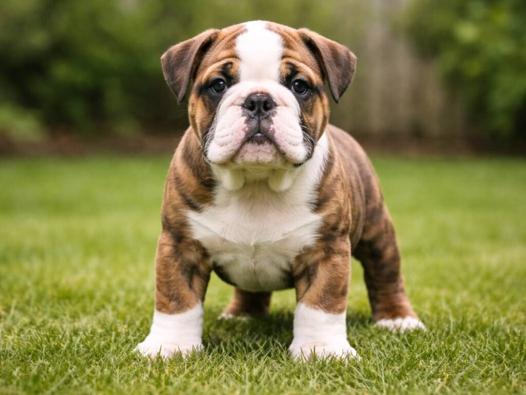 Female English Bulldog puppy standing confidently on green grass outdoors