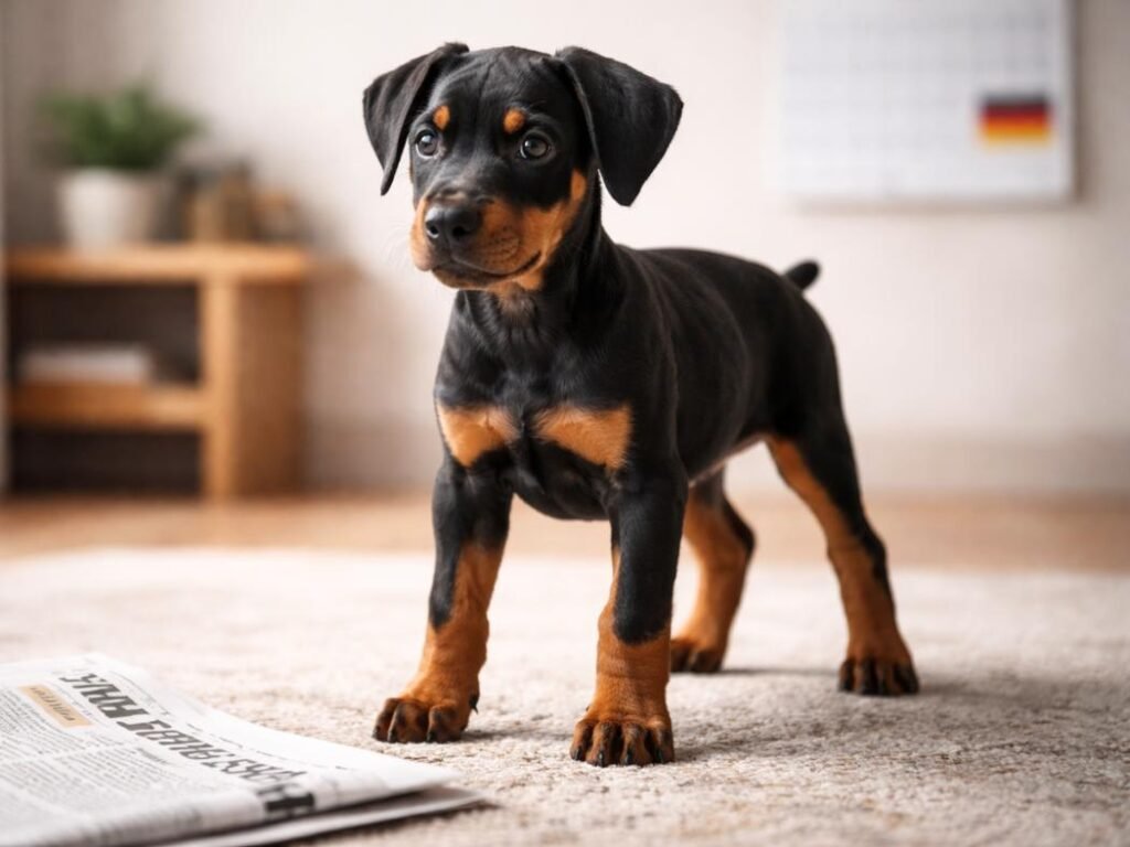 Doberman Pinscher puppy standing indoors beside a German newspaper, looking alert and confident.