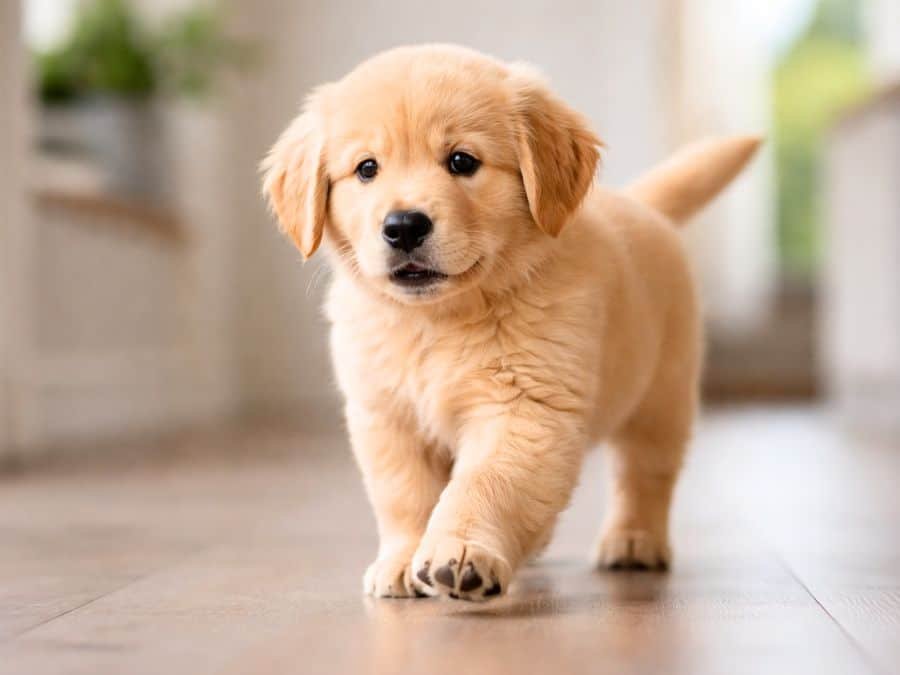 Golden Retriever puppy walking clumsily across an indoor floor mid-step