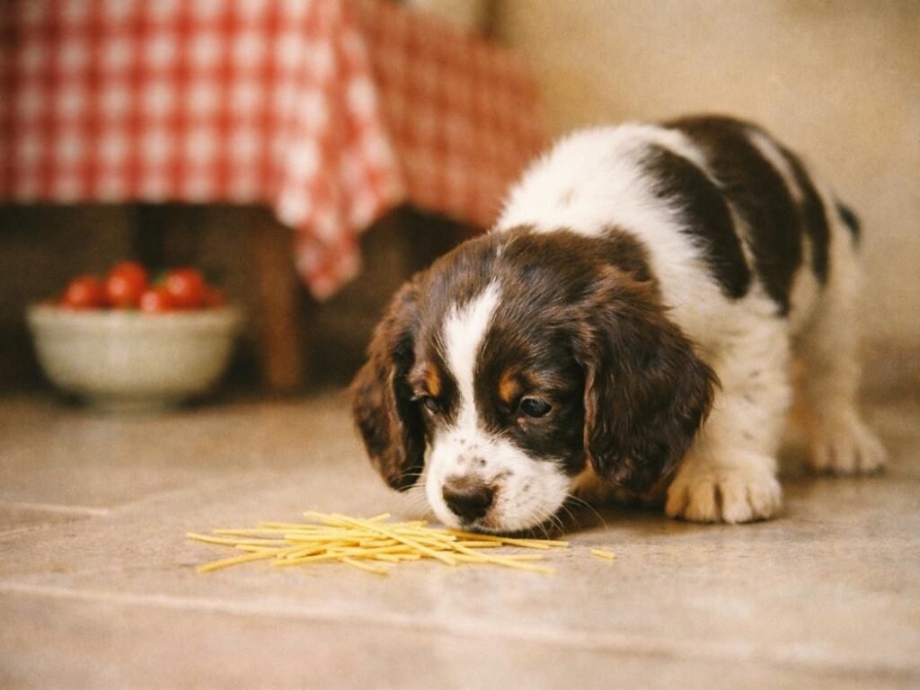 English Springer Spaniel puppy sniffing uncooked spaghetti on the floor beside an Italian dining table.