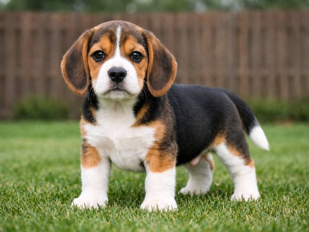 Male Beagle puppy standing confidently on green grass in a backyard, alert and relaxed with all four paws grounded