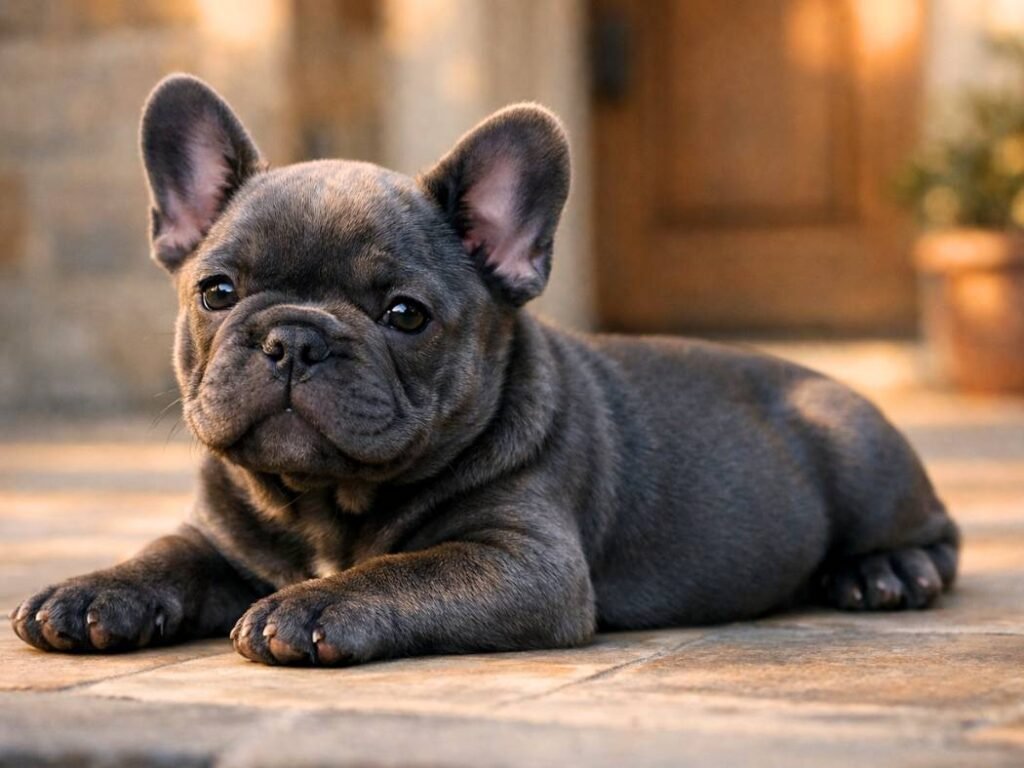 Calm male French Bulldog puppy lying on a porch patio during golden hour light.