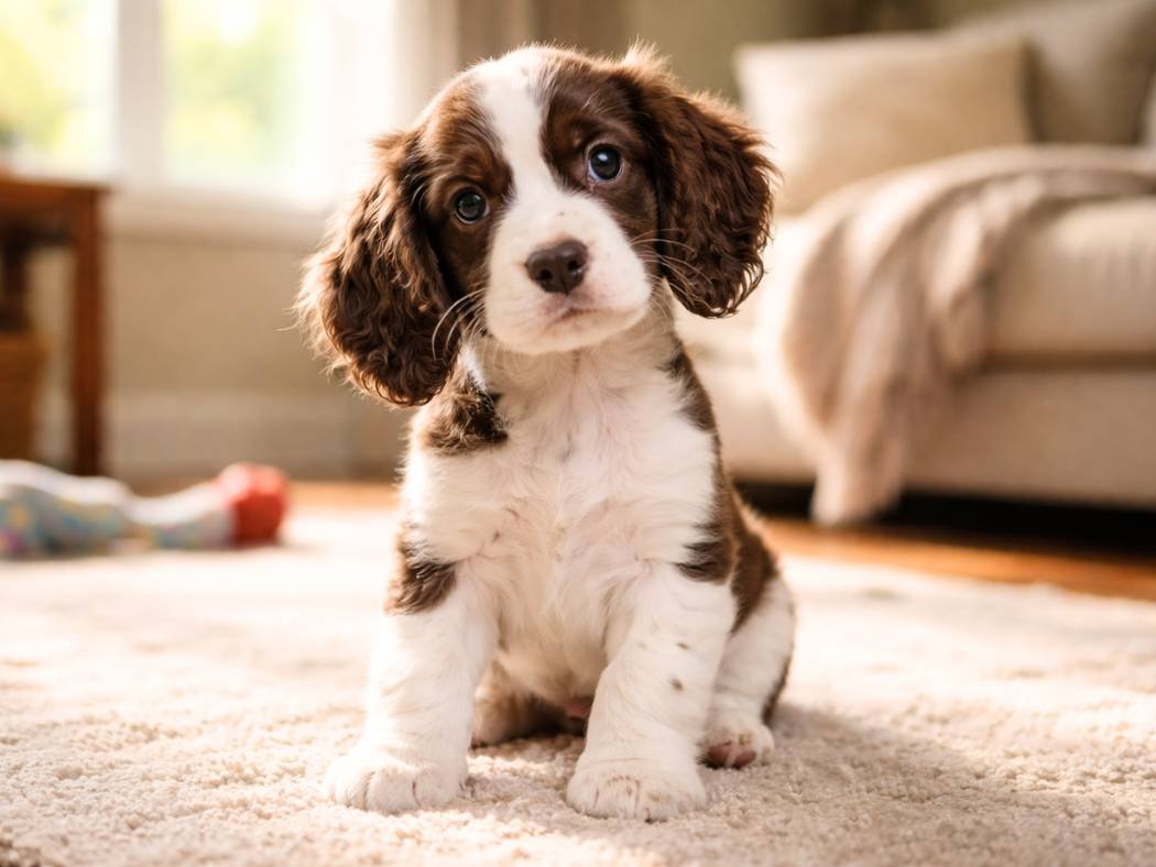 English Springer Spaniel puppy sitting on a living room rug in soft window light.