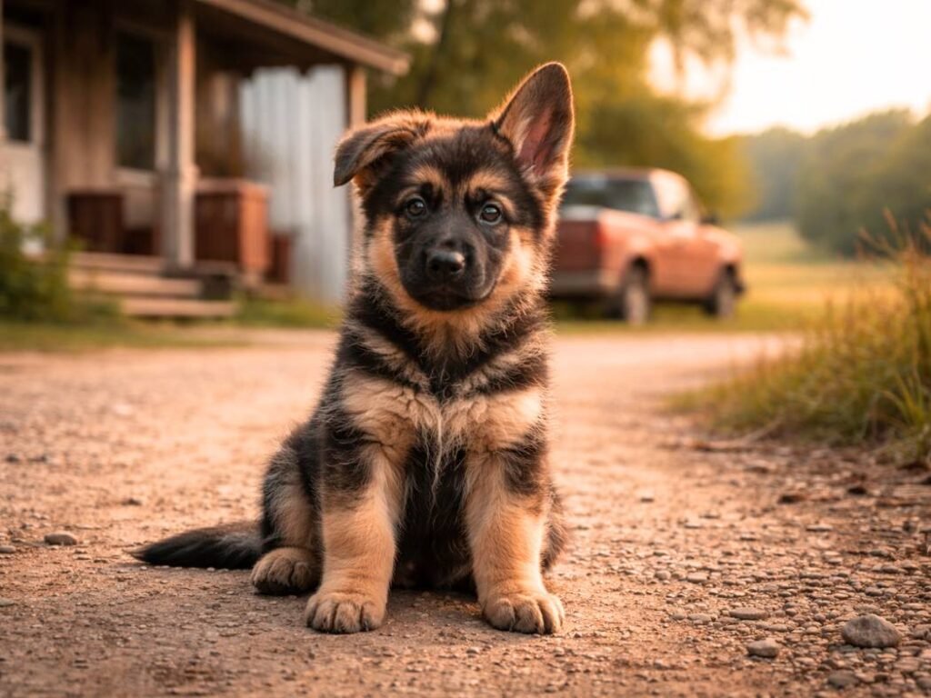 German Shepherd puppy sitting on a rural country driveway with a weathered porch and old pickup truck in the background.