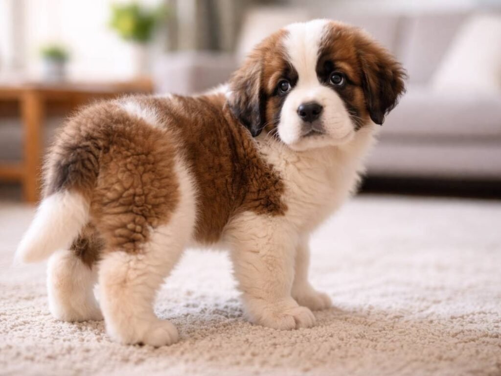 Saint Bernard puppy standing in a living room and looking back alertly