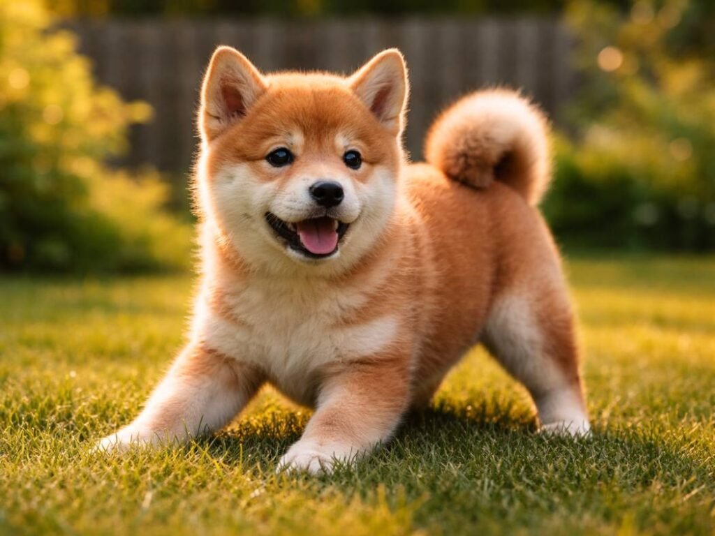 Shiba Inu puppy in a playful pounce stance on backyard grass during golden hour.
