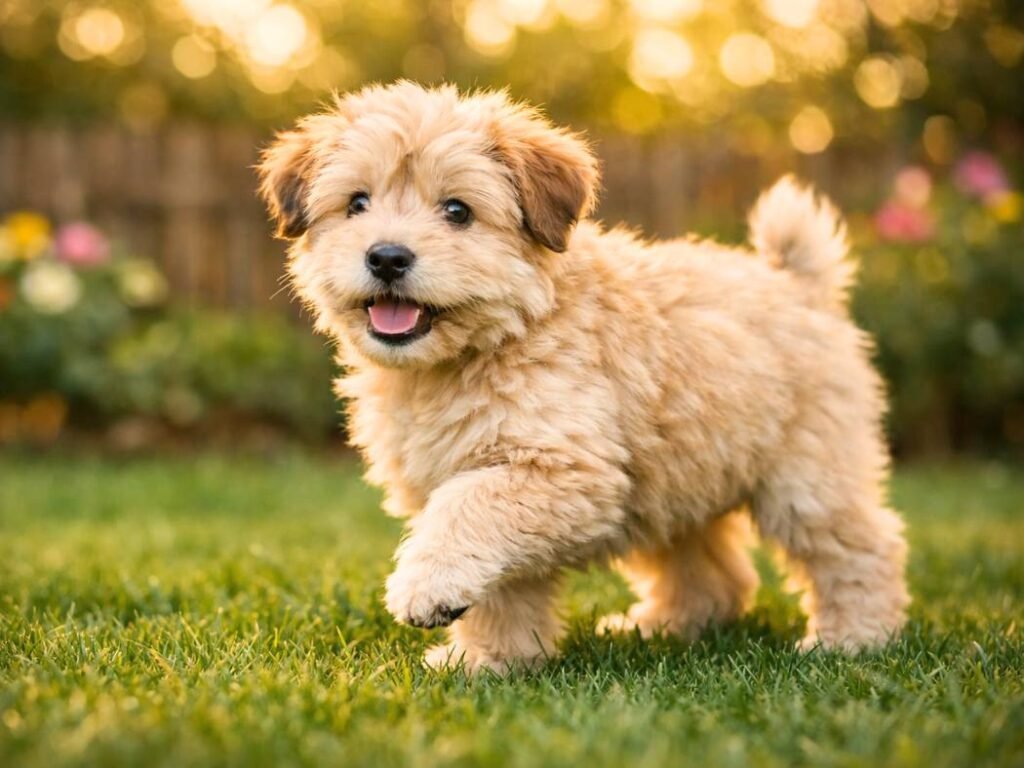 Soft Coated Wheaten Terrier puppy standing on green grass, turning with an excited expression