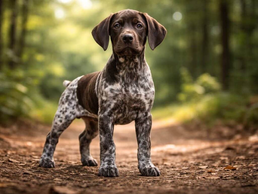 Female German Shorthaired Pointer puppy standing confidently in a woodland setting with focused eyes