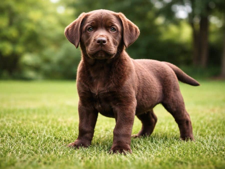 strong chocolate labrador puppy standing backyard
