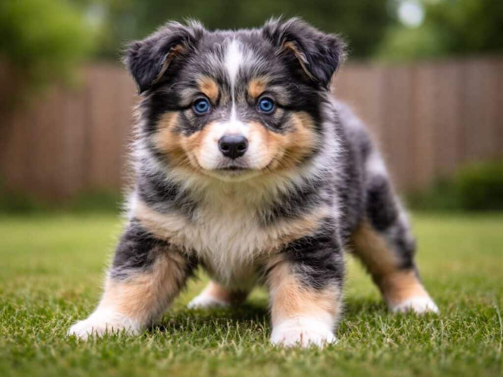 Confident female Australian Shepherd puppy standing alert on a grassy lawn
