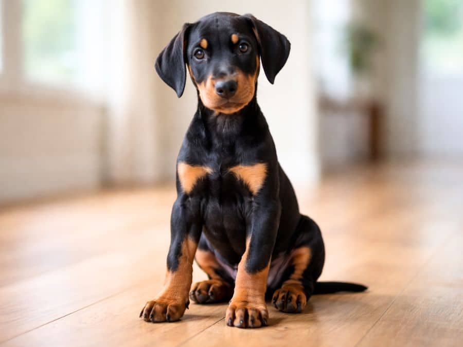 9-week-old Doberman Pinscher puppy sitting proudly indoors on a wooden floor