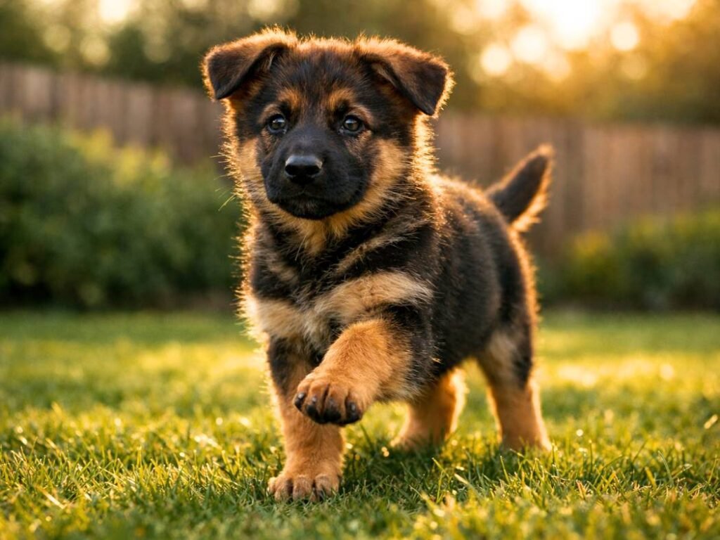 Confident female German Shepherd puppy standing mid-step on a backyard lawn during golden hour.